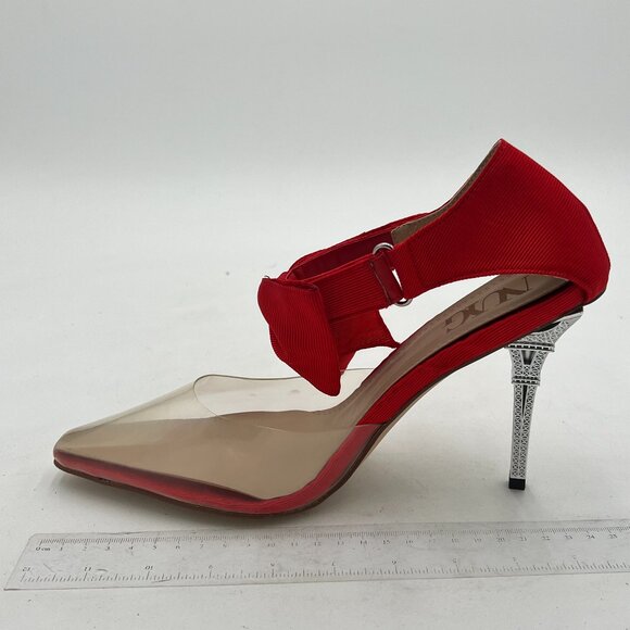 Red Transparent Bow Pointed Toe High Heel Ankle Strap D'Orsay Party Pumps - Picture 2 of 6